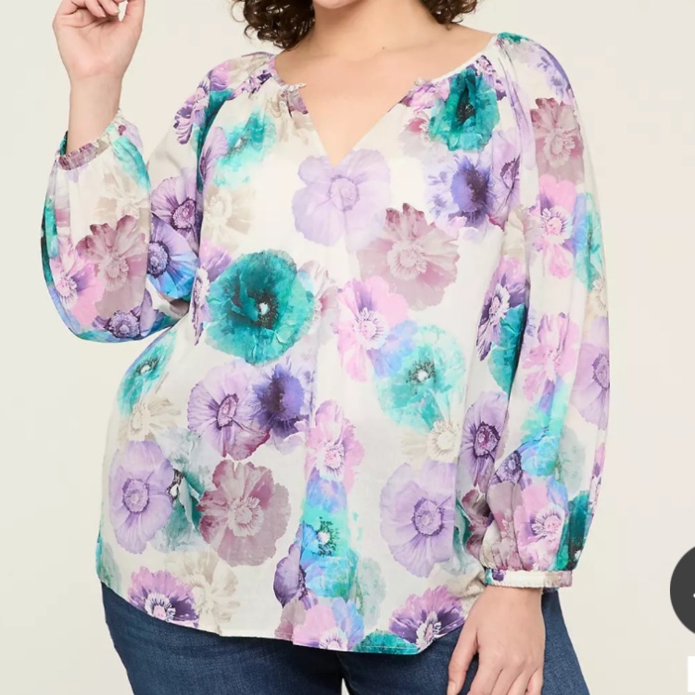 Plus Size Floral Watercolor V-Neck Long Sleeve Top - Lavender/Teal size 14/16